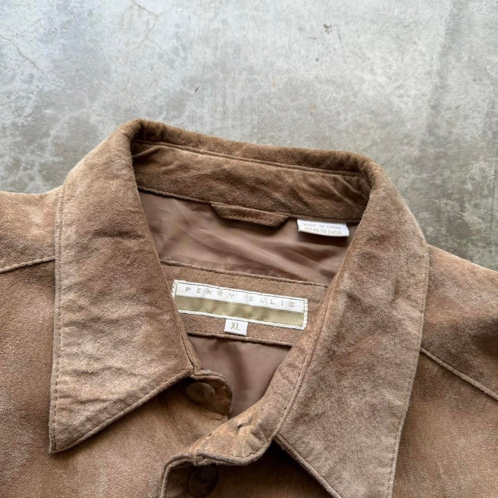 Vintage 90's mocha brown suede leather button up over shirt size XL perry ellis - Picture 5 of 7